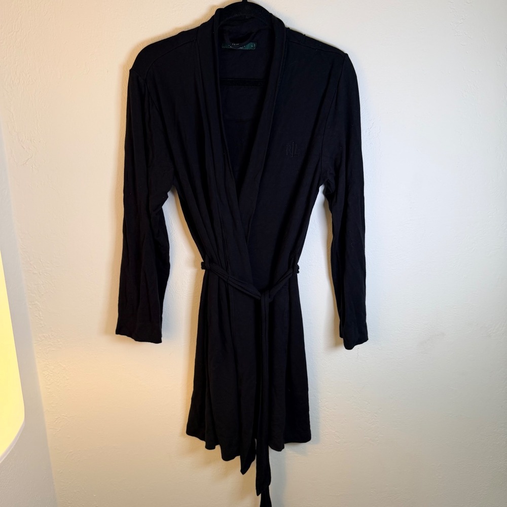 Lauren Ralph Lauren Black Knit Robe Womens Large‎ Long Sleeve Tie Waist RLL Logo